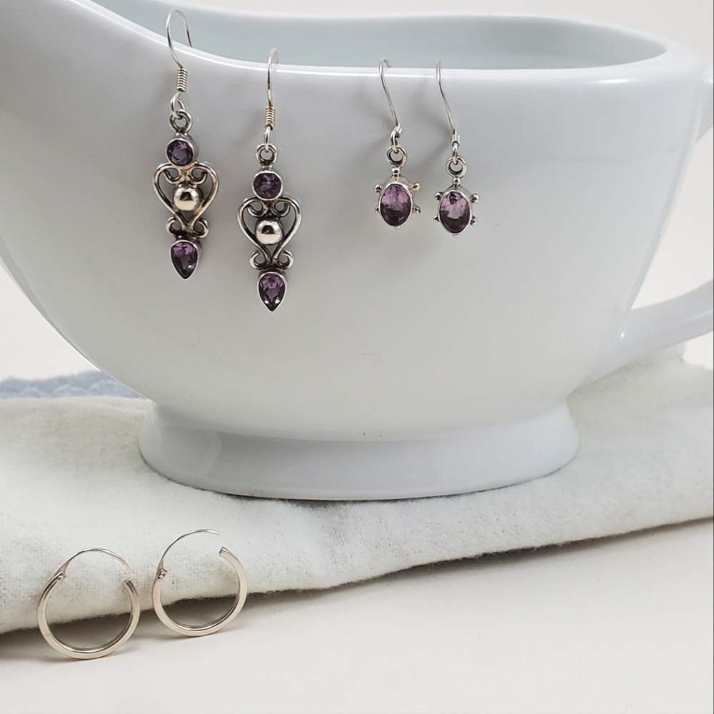 STERLING SILVER EARRINGS w/ PURPLE STONES & STERLING SILVER HOOPS